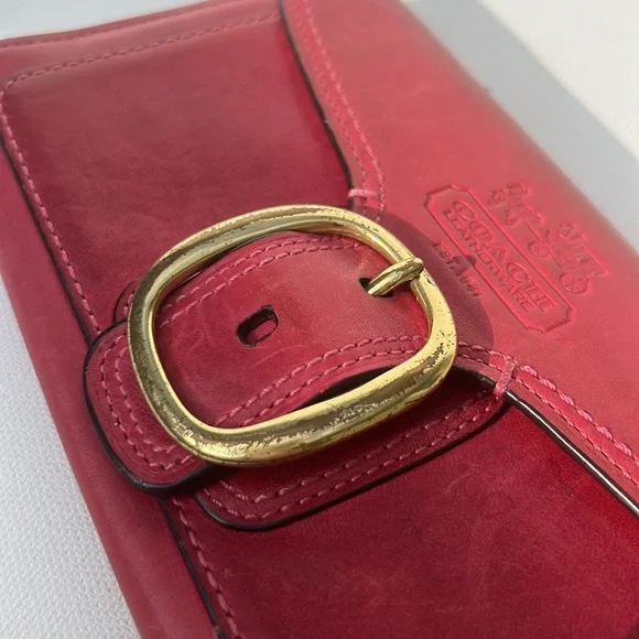 Coach Leather Wallet pink buckle clutch plaid lining - Picture 8 of 9